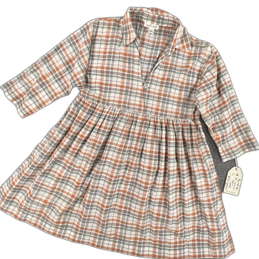 NWT Cousin‎ Earl Flounce Plaid Babydoll Mini Dress S Brown Country Cottagecore